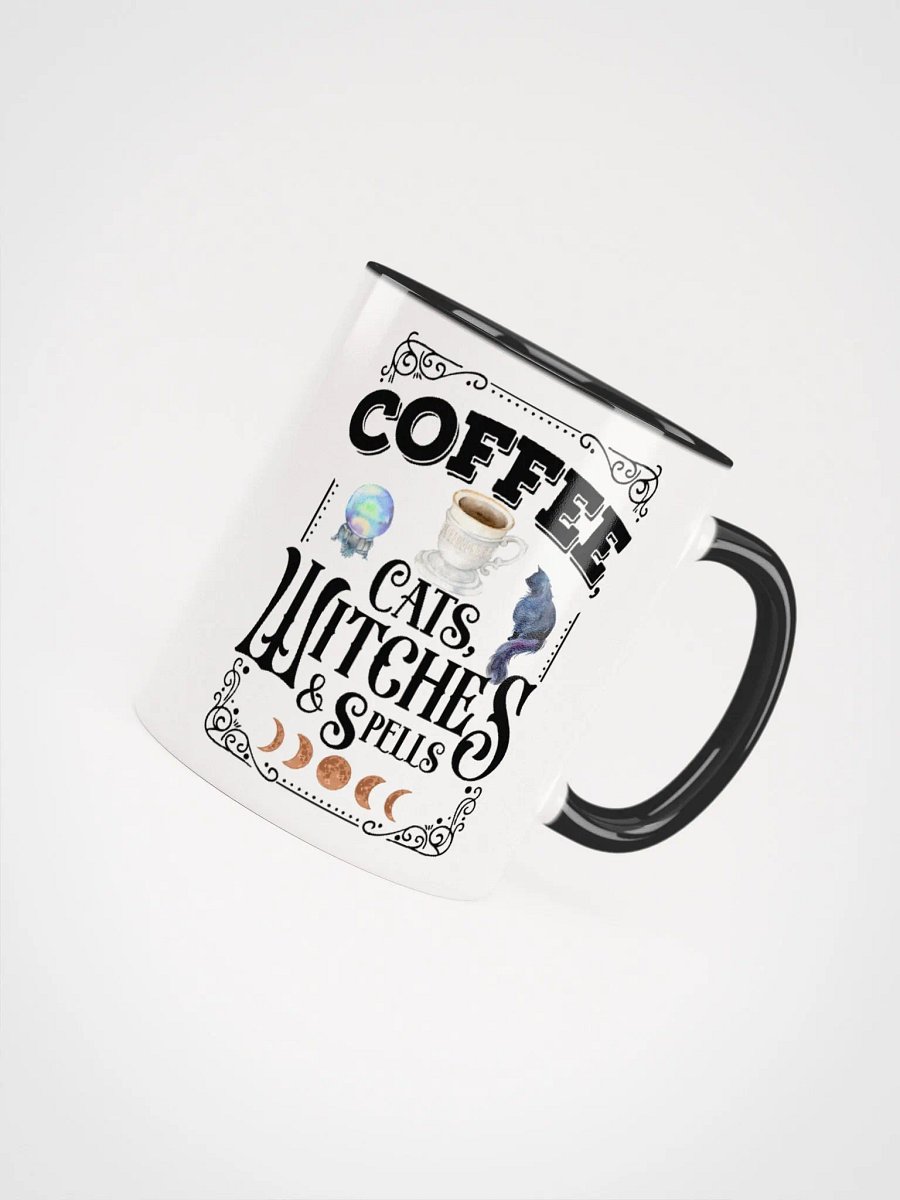 Coffee, Cats, Witches, and Spells WHITE WITH BLACK HANDLE MUG - Witchy, Kitchen Witch, Magic Kitchen Gift product image (5)