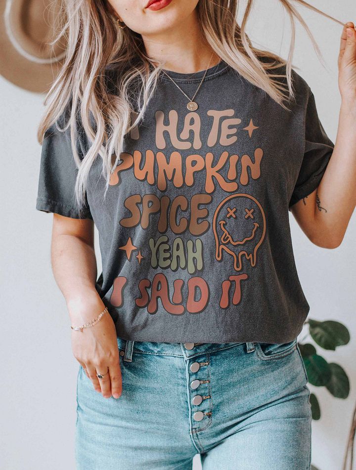 I Hate Pumpkin Spice Groovy Text T-Shirt | Funny Fall and Halloween T-Shirt Design product image (20)
