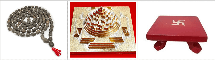 Combo Offer Maha Meru Shri Yantra with Gold Plated and Accurate Cutting (Size-1.5x1.5 inch) 100 Grm + kamalgatta mal 54 beads+ mini wooden pooja pat product image (1)
