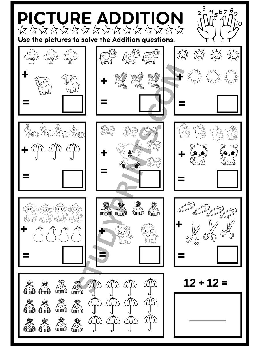 addition and subtraction worksheets for kindergarten with pictures product image (7)