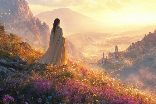 She stands at the edge of the world, where the golden light kisses the earth and time itself holds its breath. Ruins whisper ...