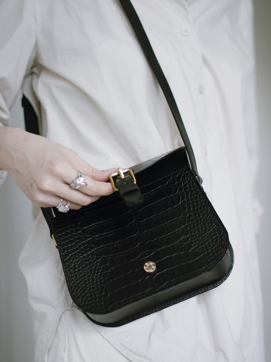 Black Croc Embossed Leather Saddle Bag – Small product image (11)