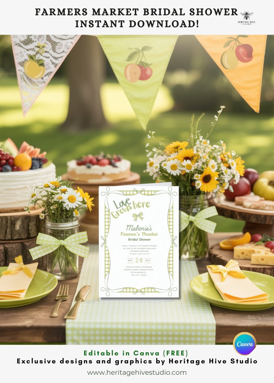 Farmers Market Bridal Shower Invitations | Instant Download | Bows Lime Gingham product image (3)
