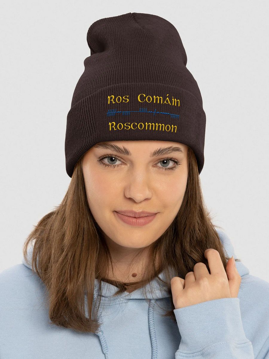 Roscommon/Ros Comáin Scholastic style Ogham, yellow and blue, embroidered Cuffed Beanie product image (13)