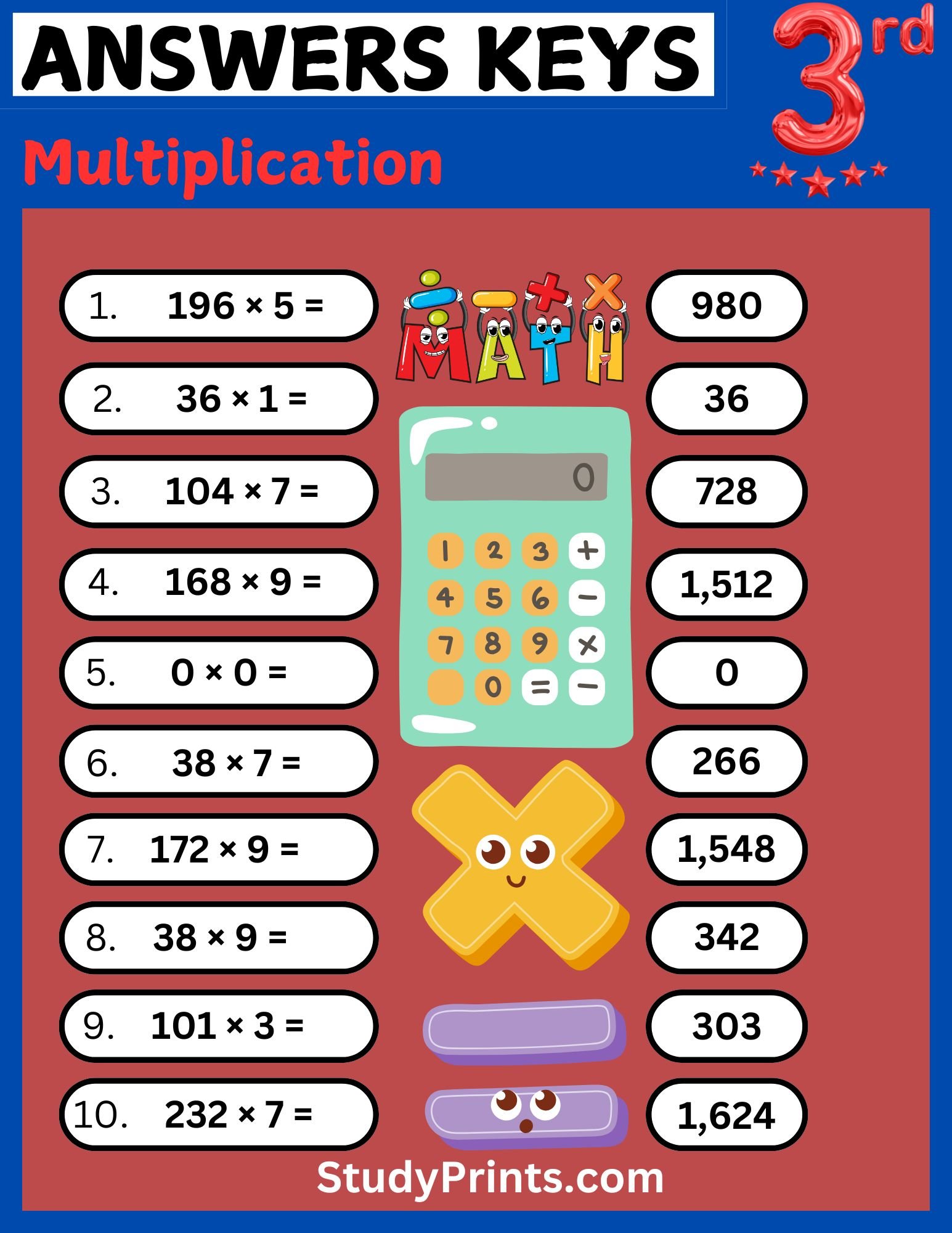 4th Grade Multiplication Worksheet with Answer Key product image (2)