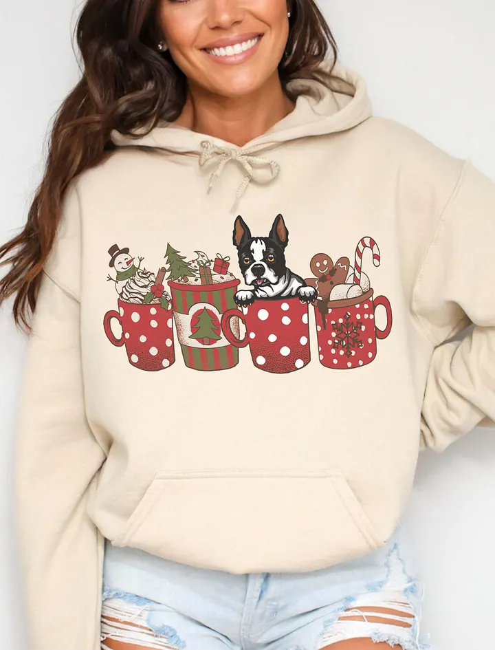 Cute Boston Terrier(2) in a Christmas Cup Hooded Sweatshirt | Funny Christmas Pup in a Cup product image (16)