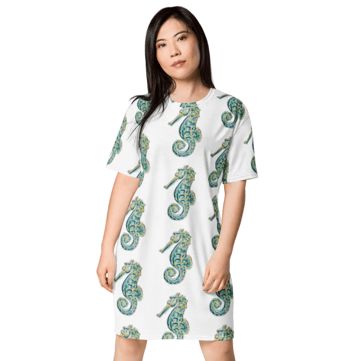 Women's | Ocean Majesty | Painted Seahorse | T-Shirt Dress | Coastal Oversized Dress | Ocean-Inspired Casual Style | White Background product image (1)