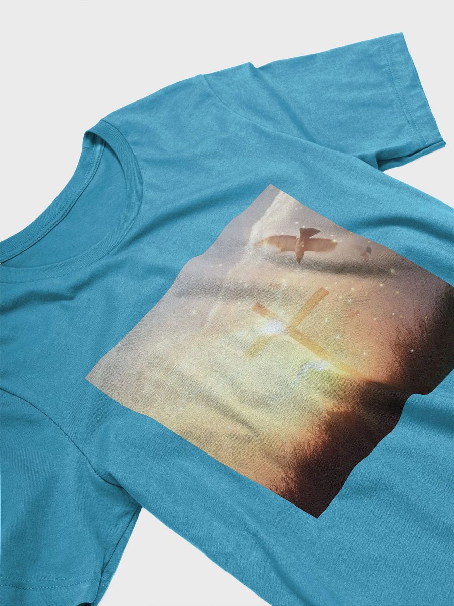 Radiant cross illuminated by a bright, golden light, set against a soft & glowing sunrise background & doves t-shirt product image (3)