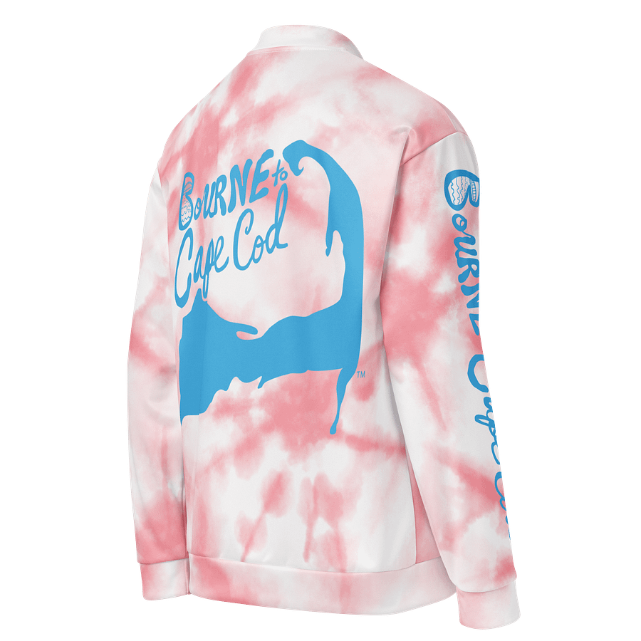 All-Over Print Bomber Jacket | Coastal Cool, City Bold | BOURNE to Cape Cod™ + BRN.2C.C.™ Style | Deep Sky Blue Logos on Pink Tie-Dye product image (4)