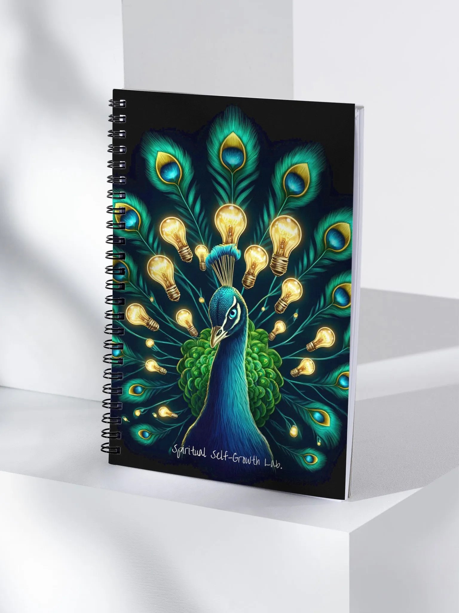"Bloom of Ideas" – Illuminated Peacock Feather Journal for Spiritual Growth and Inspired Reflection Black ♡ product image (4)
