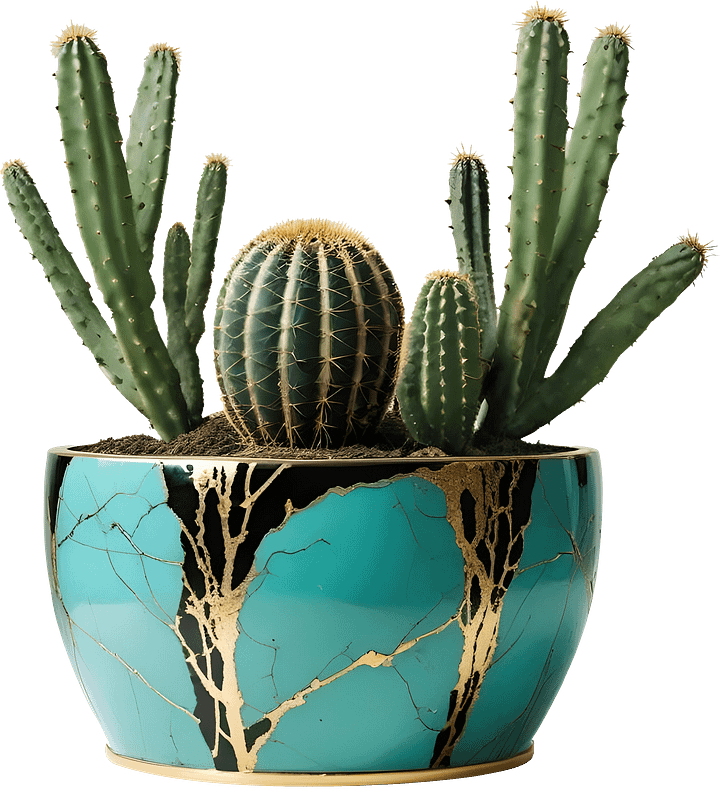Kintsugi Glow – Turquoise Planter with Golden Cracks PNG product image (1)