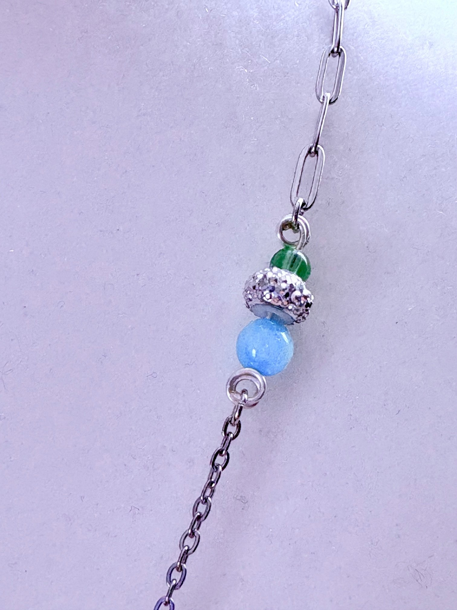 MFD-00268 | Green Glass Crytal Pendant Necklace with Stainless Steel Link Chain and Paperclip Chain | December Birthstone Inspired | Handmade Jewelry by Monique Faella Designs™ product image (5)