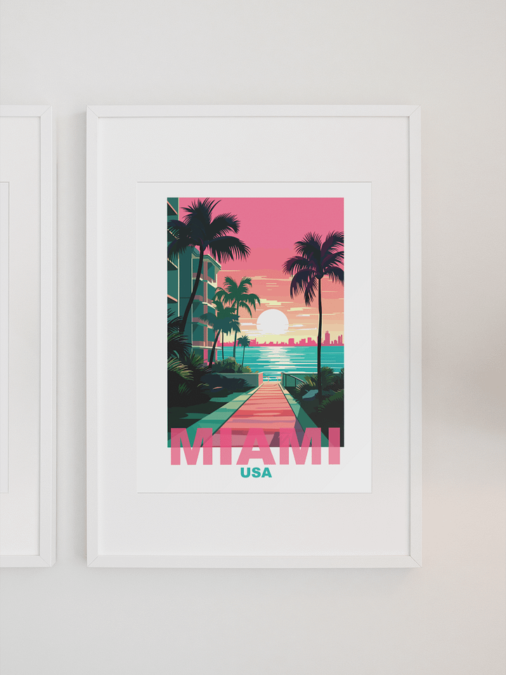 Tropical Sunset in Miami Art Print, Vibrant Beachside Palm Trees Poster, Retro Styled Miami USA Skyline, Coastal Wall Decor, Gift Idea product image (1)