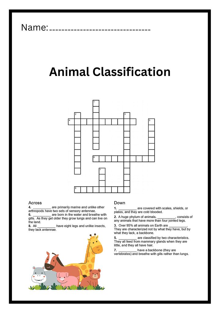 Animal Classification Crossword Puzzle Worksheet Activity Printable PDF product image (2)