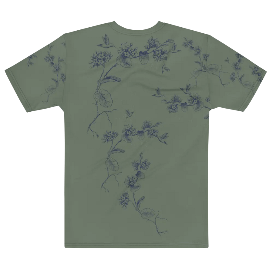olive green all  over printed unisex T shirt with humming bird design. Outdoors vibe ideal for the person who enjoys birding. product image (5)