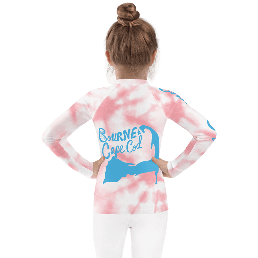 Girls' | Little KIDS | Rash Guard | BRN.2C.C.™ Front Print | BOURNE to Cape Cod™ Back & Sleeve Logo | Coastal UV Shirt for Active Kids | Slim Fit Swim Top | Blue Logo on Pink Tie-Dye product image (2)