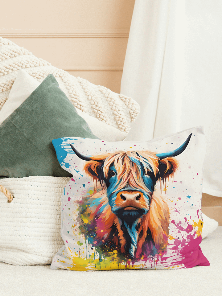 Multi Coloured Paint Splash Highland Cow Pillow product image (1)