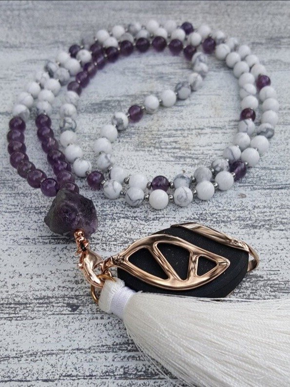 Peace Mala, Amethyst & Howlite Necklace: Handcrafted Healing Stone Jewelry product image (1)