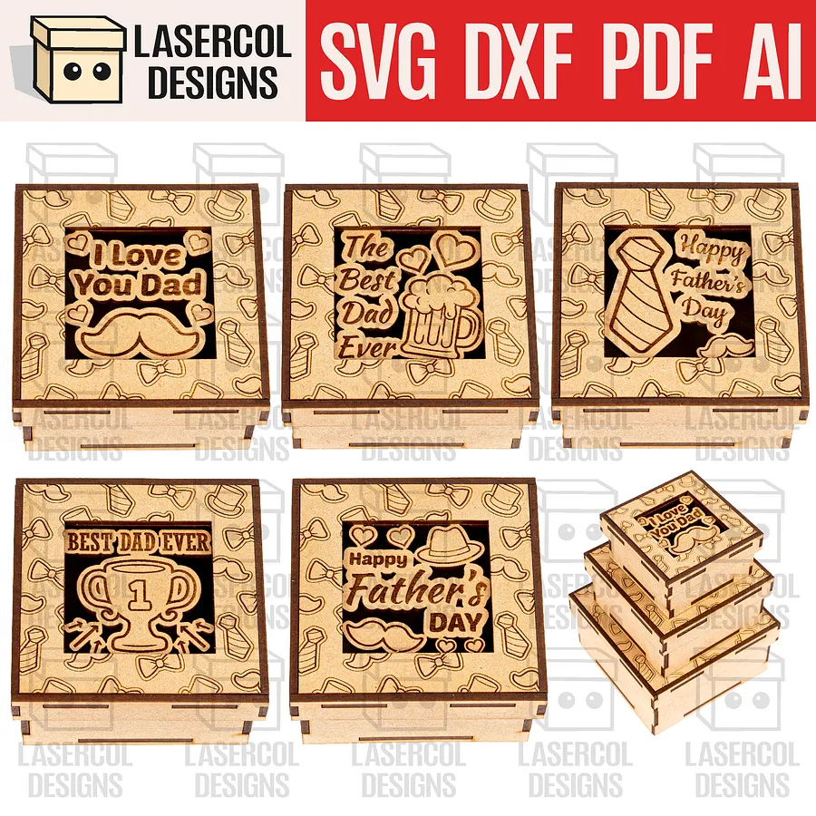 Father's Day Gift Boxes Bundle (10 Styles, Set 1-2) - Laser Cut Files product image (3)