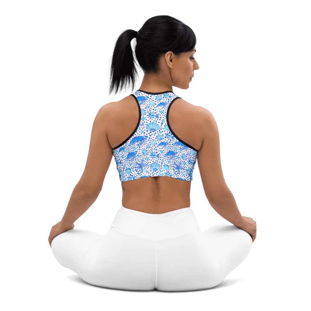 Ladies all over print padded sports bra with sea turtle design in blues.  Ideal for a cool holiday feel for nature lovers product image (10)