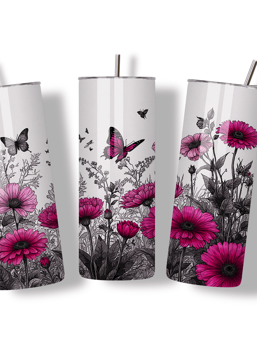 Butterfly & Floral 20oz Skinny Tumbler with Metal Straw – Pink and Black Garden Design with Flowers and Butterflies – Double-Walled Insulated Stainless Steel Tumbler, Gift for Nature Lovers product image (4)