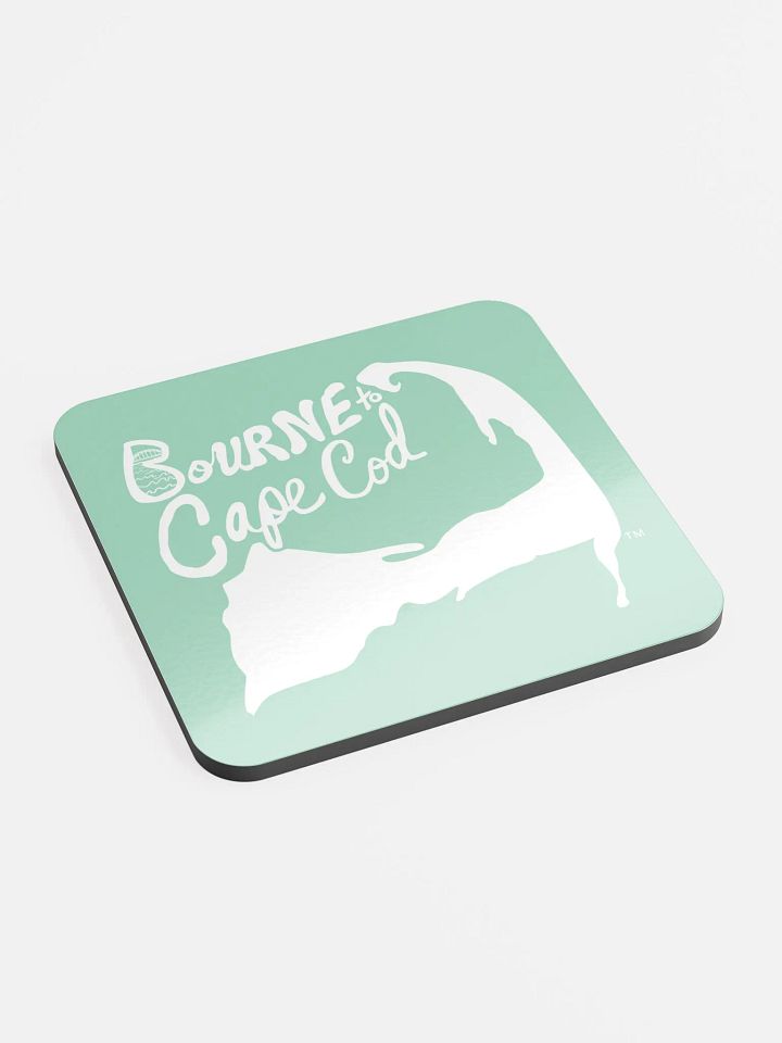 BOURNE to Cape Cod™ | Coastal Coaster | Glossed Cork | Eco-Friendly | Minimalist Coastal Decor | 3.74" Square | White Logo on Vista Blue Green product image (2)