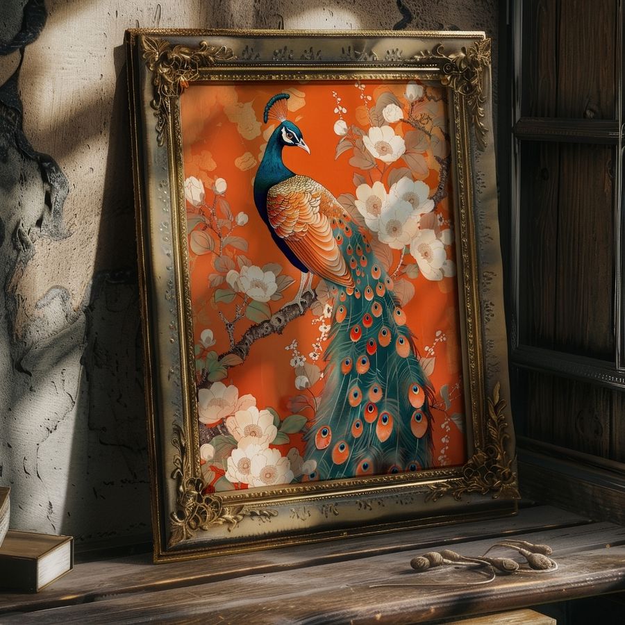 Art Nouveau Peacock on Orange Floral Art Print product image (26)