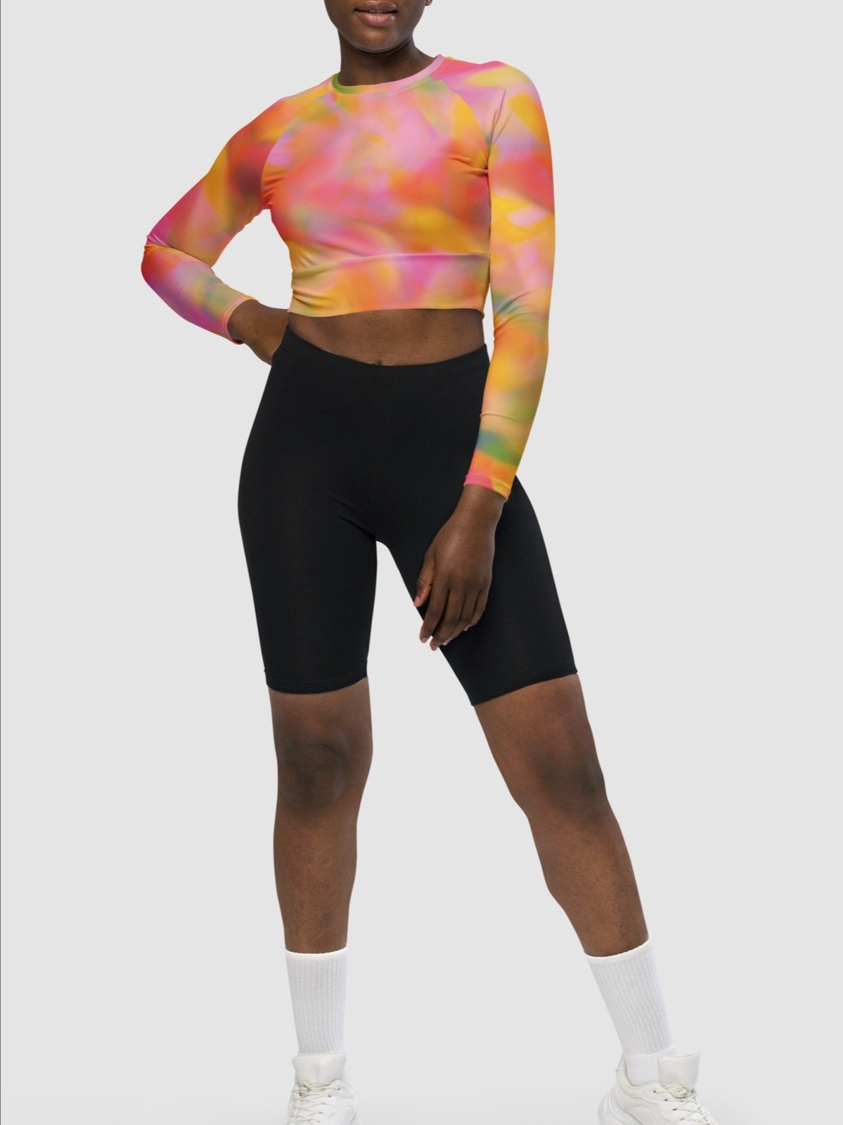 Recycled long-sleeve crop top "Sweet Pastel Tie Dye in Orange Light Pink" product image (3)