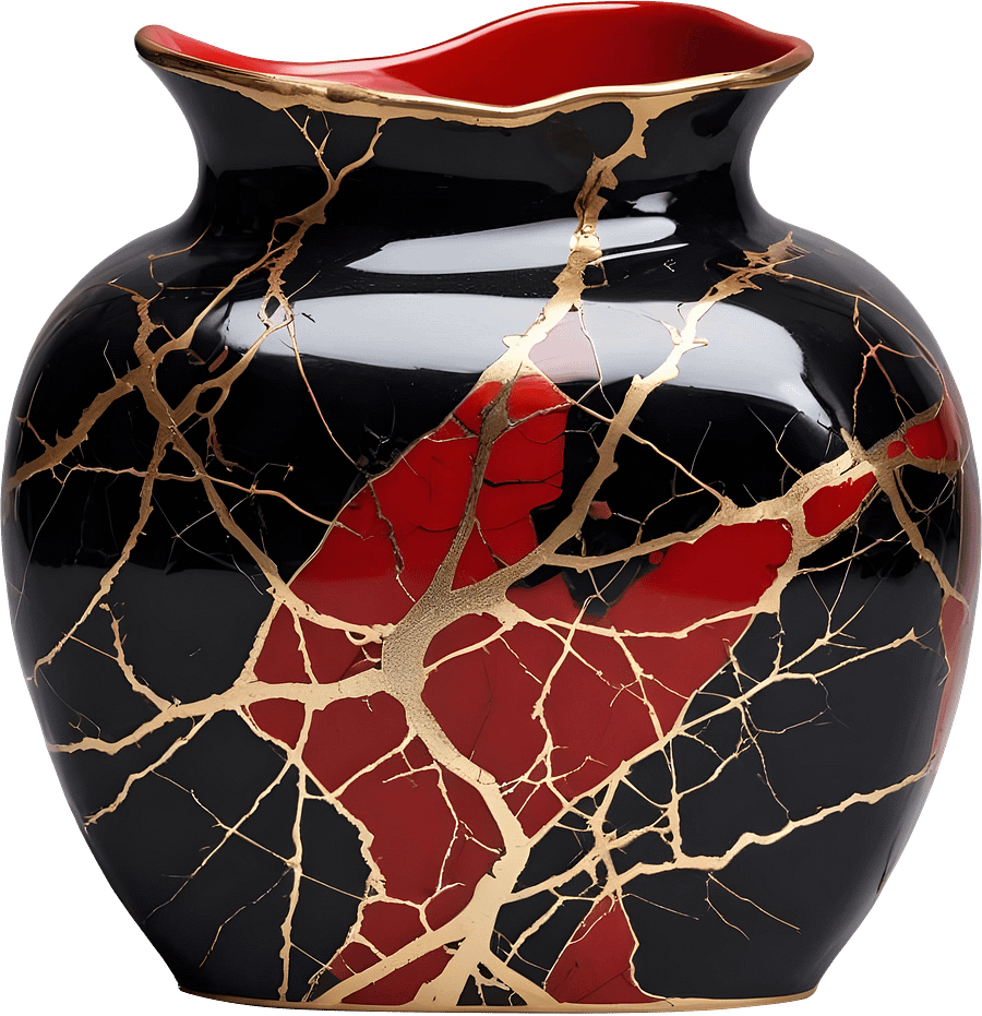 Kintsugi Radiance – Black and Red Vase with Golden Veins PNG product image (1)