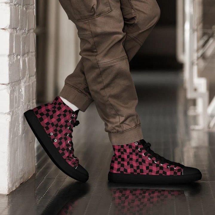 Magenta and Black Warped Checker Men's High Top Canvas Shoes product image (2)