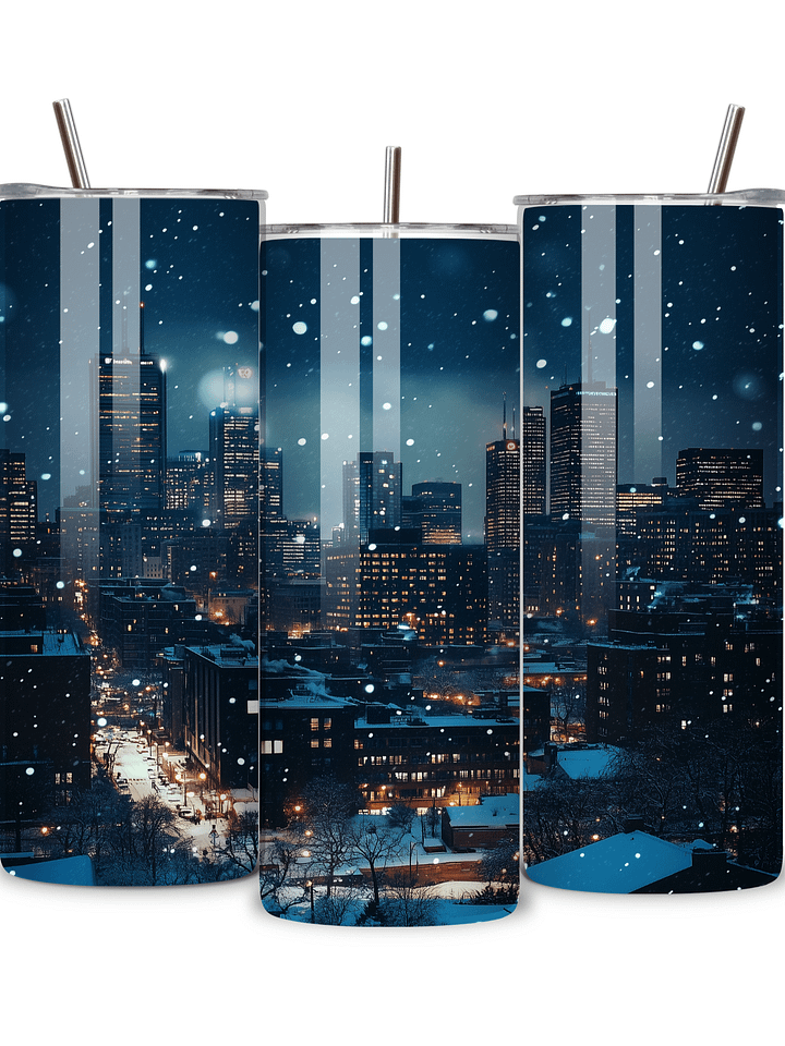 Winter City Skyline 20oz Skinny Tumbler with Metal Straw – Elegant Snowfall and Urban Design – Double-Walled Insulated Stainless Steel Tumbler, Great for City and Winter Lovers product image (2)