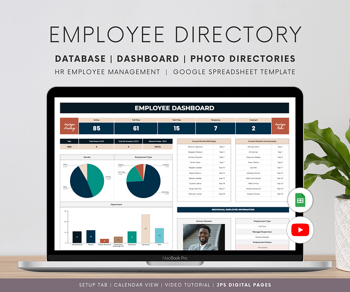 Employee Directory & Dashboard Spreadsheet, Google Sheets Template, Employee Photo Directory, HR Dashboard product image (1)