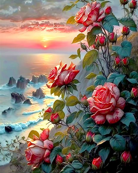 Coastal Sunset Romance: Majestic Roses Against Oceanic Vistas Poster