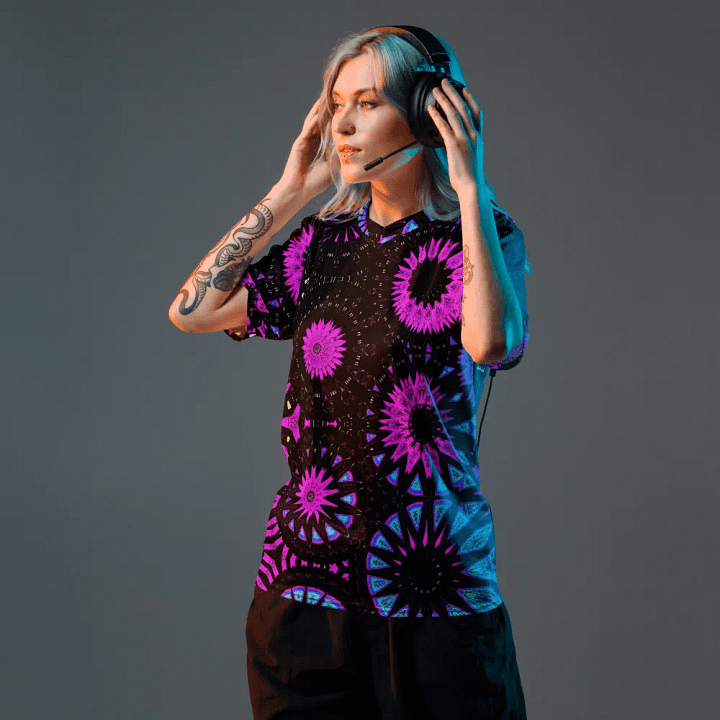 Abstract Circular Shapes in Turquoise, Black and Pink Unisex V Neck Sports Jersey product image (1)