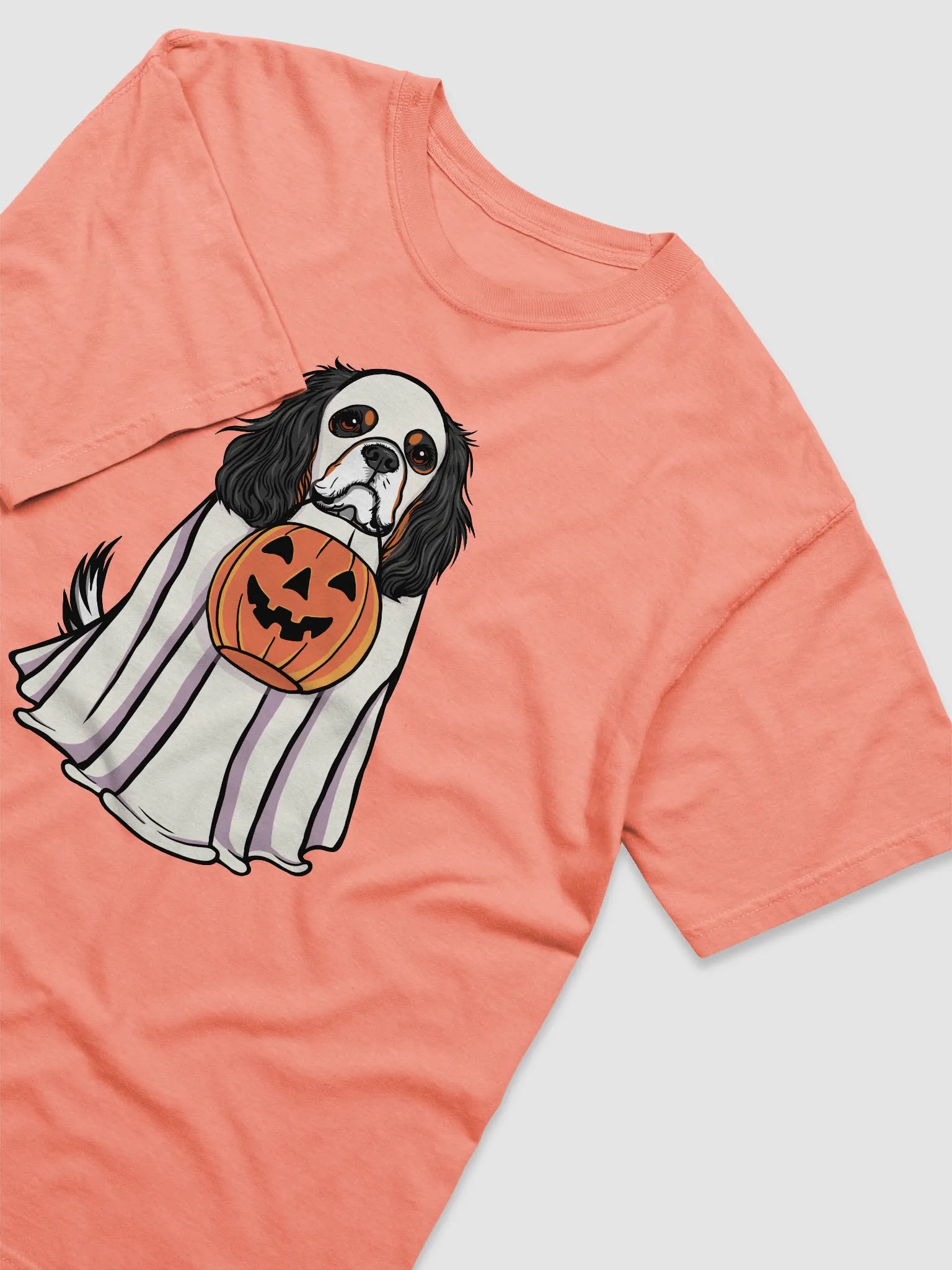 Funny Halloween Cavalier King Charles Spaniel(Tricolor) T-Shirt | Funny Cavalier Wearing a Ghost Costume and Holding a Pumpkin Basket product image (20)