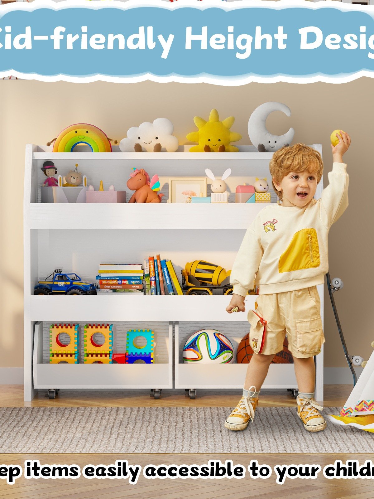 3-Tier Portable Toy Storage, Kids Toy Organizer W/2 Removable Bins with 4 Wheels（White) product image (7)