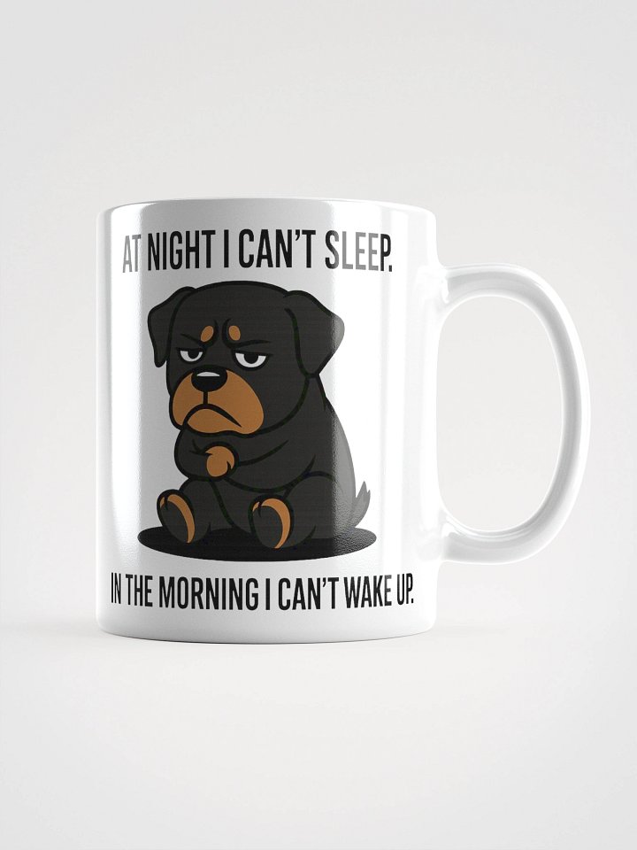 "AT NIGHT I CAN’T SLEEP. IN THE MORNING I CAN’T WAKE UP. Mug product image (1)