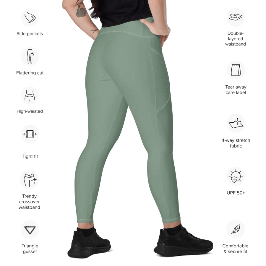 Plain Medium Sage Green Soft Summer Women's High Waisted Premium Crossover Leggings with Pockets by Treasure Pie product image (11)