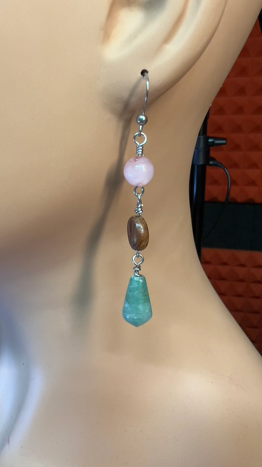 Earrings - Pink Agate, Wood Beads, Aventurine Teardrops - Hand-made by JB product image (2)