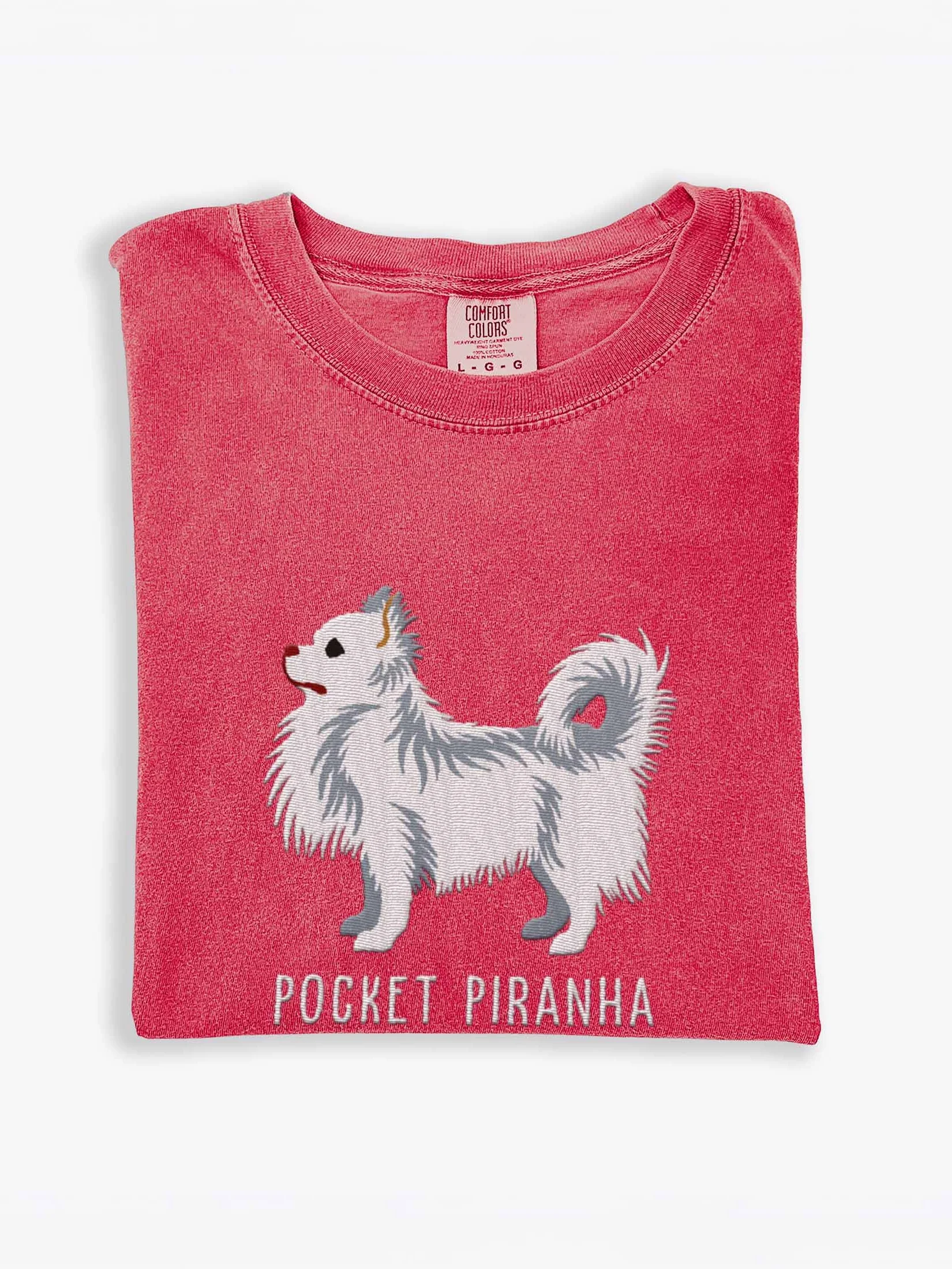 Pocket Piranha T-Shirt(Embroidered) of a Longhaired Chihuahua(White) product image (1)