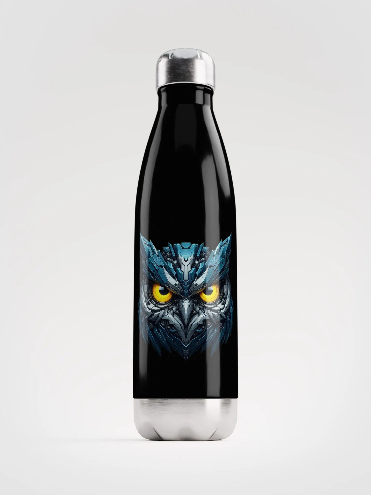 Black Stainless Steel Water Bottle with Blue Iron Owl Robot Design product image (1)