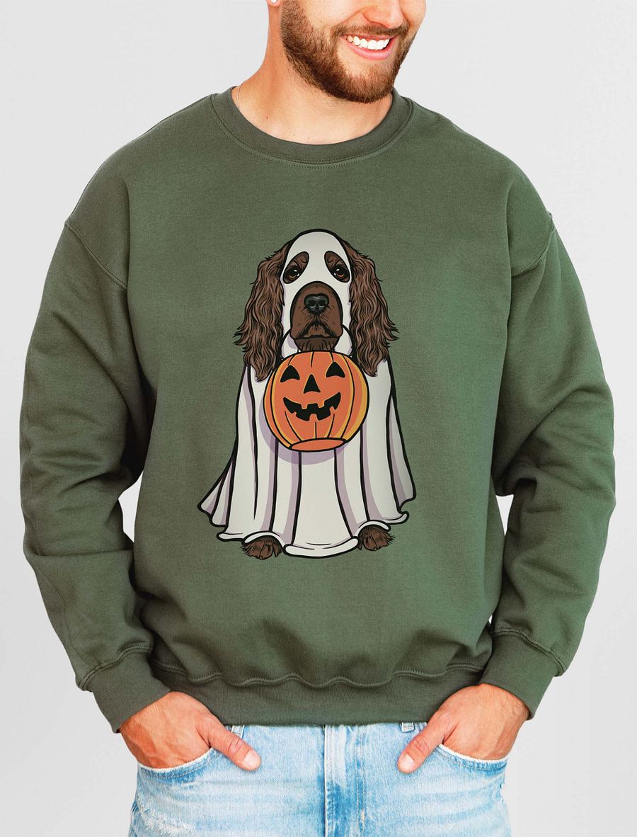 Funny Halloween Cocker Spaniel(Liver) Sweatshirt | Funny Cocker Spaniel Wearing a Ghost Costume and Holding a Pumpkin Basket product image (15)