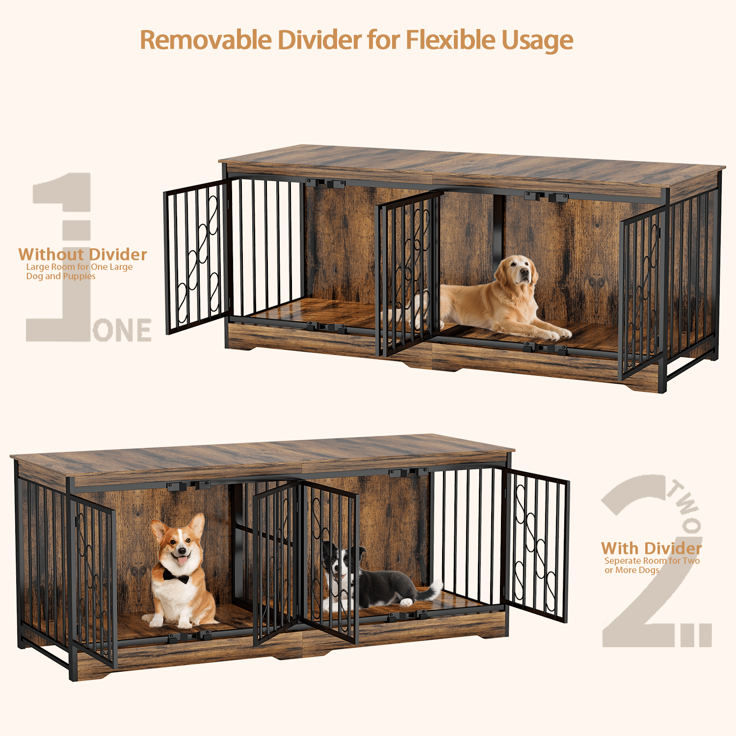 71 Inch Double Dog Crate Furniture, Extra Large Dog Kennel Indoor for 2 Dogs, Heavy Duty Wooden Dog House with Divider, Pet House Decorative as Table & TV Stand for X Large Dogs ( Brown) product image (7)