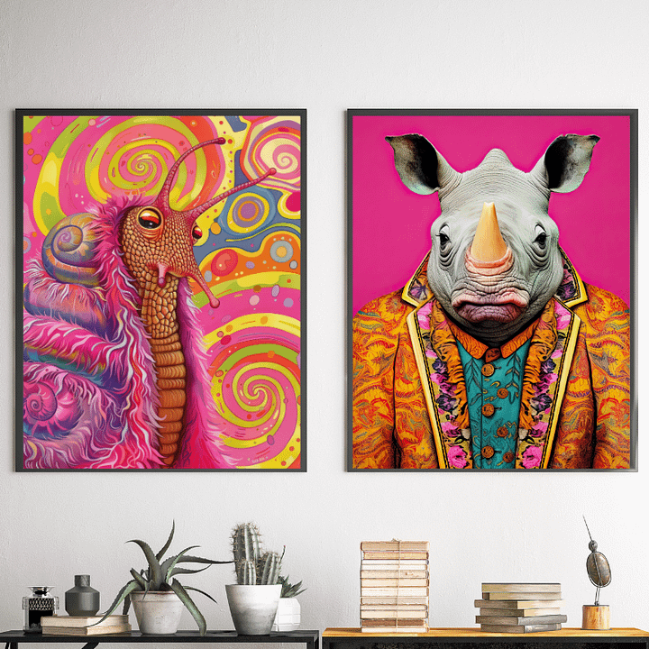 Maximalist Animal Fashion Art DIGITAL Print Set of 6 ~ Frog, Giraffe, Axolotl, Snail, Rhino, Peacock ~ product image (2)