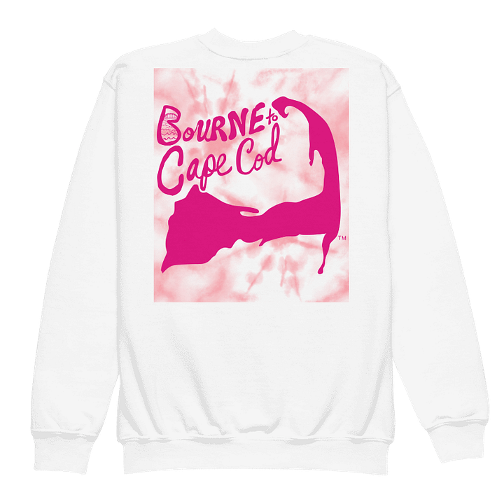 Girls' | Cape Cod Crew | DTG Vintage Print | BRN.2C.C.™ Youth Sweatshirt | BOURNE to Stand Out™ | Pink Logo on White | Pink Tie-Dye Graphic product image (2)