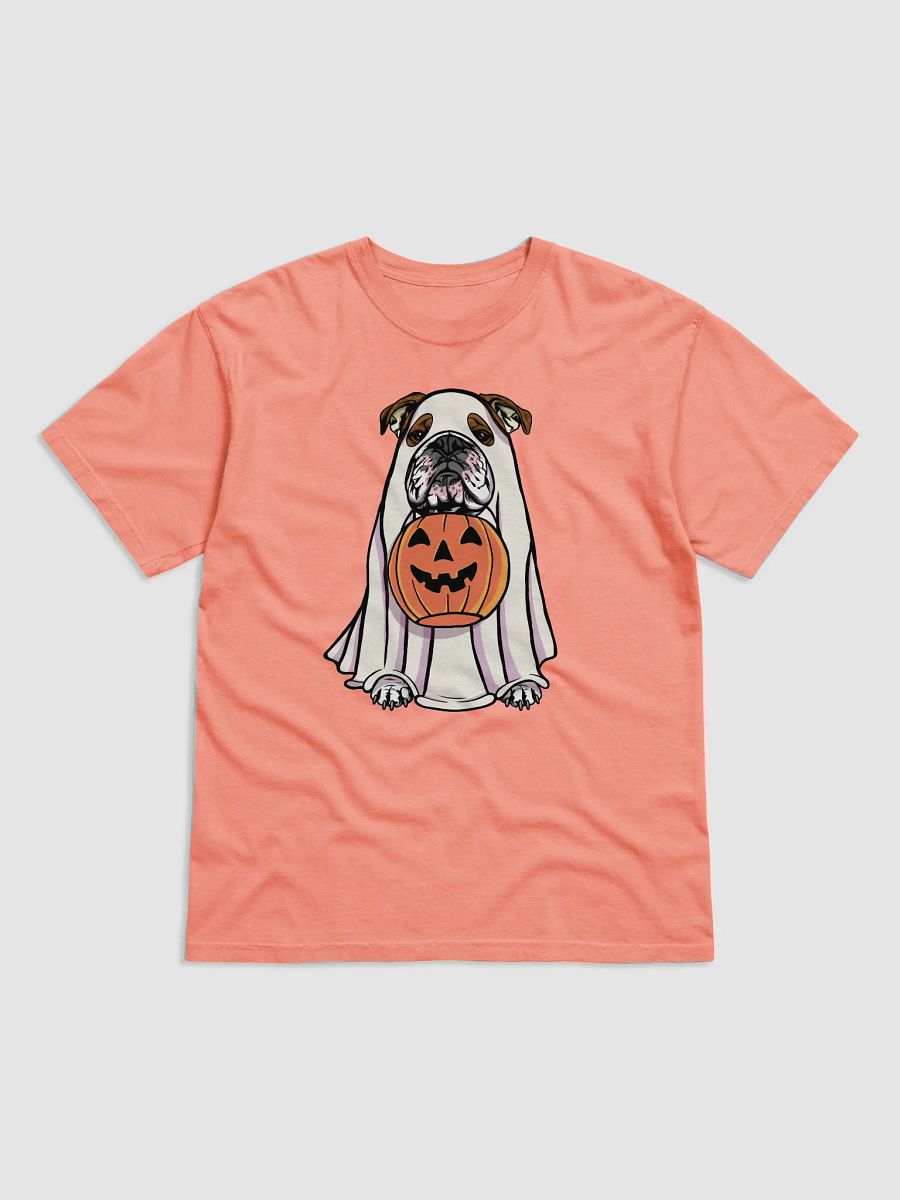 Funny Halloween English Bulldog(Brindle) T-Shirt | Funny English Bulldog Wearing a Ghost Costume and Holding a Pumpkin Basket product image (22)