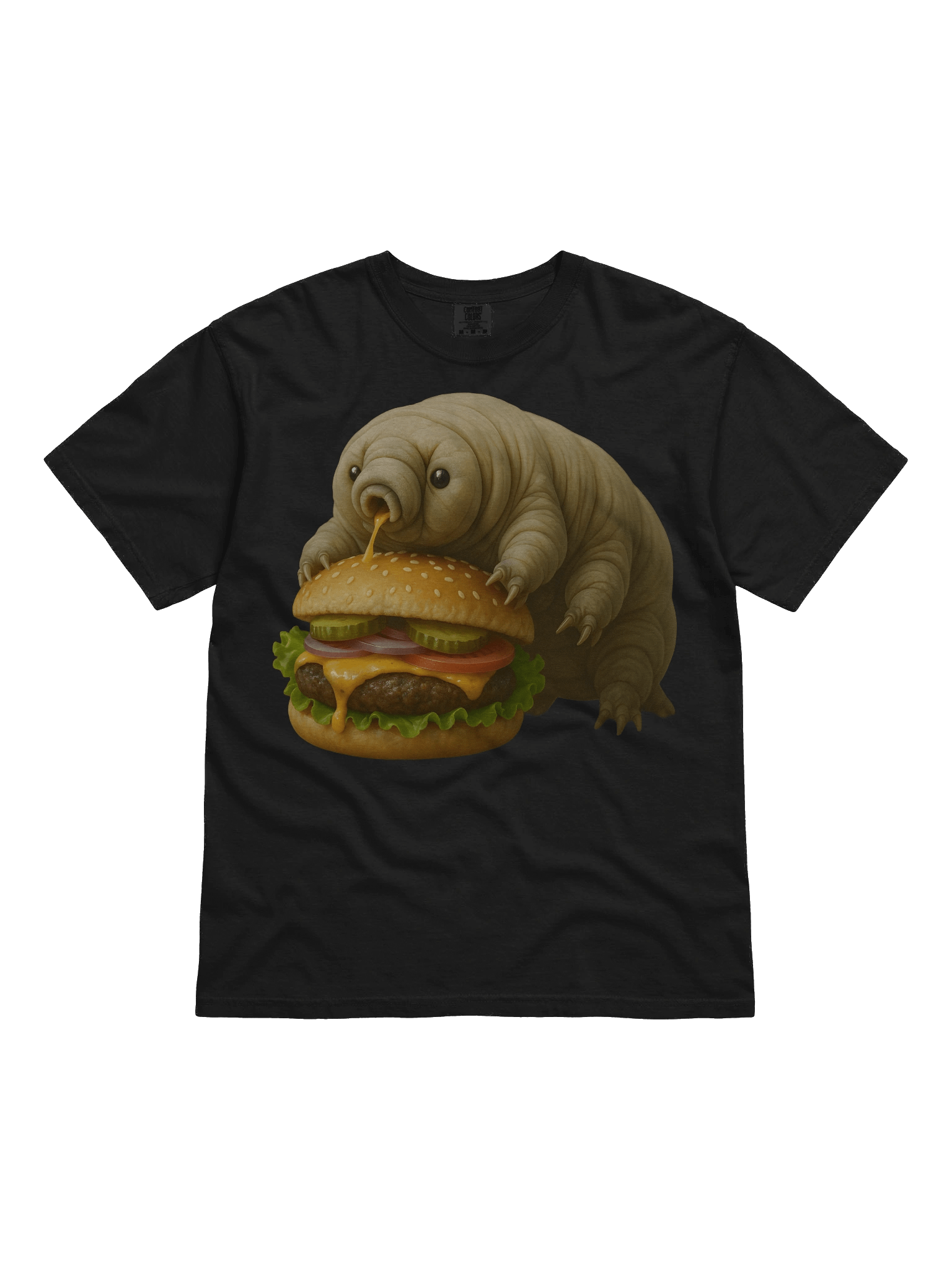 A photoreal tardigrade devours a cheeseburger — bold science-art on a comfy black tee product image (1)