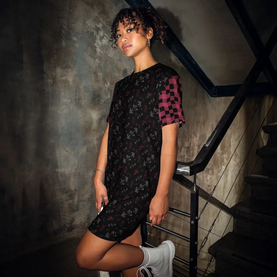 Magenta and White Flowers on Black with Warped Checkered Sleeves Women's T-Shirt Dress product image (6)