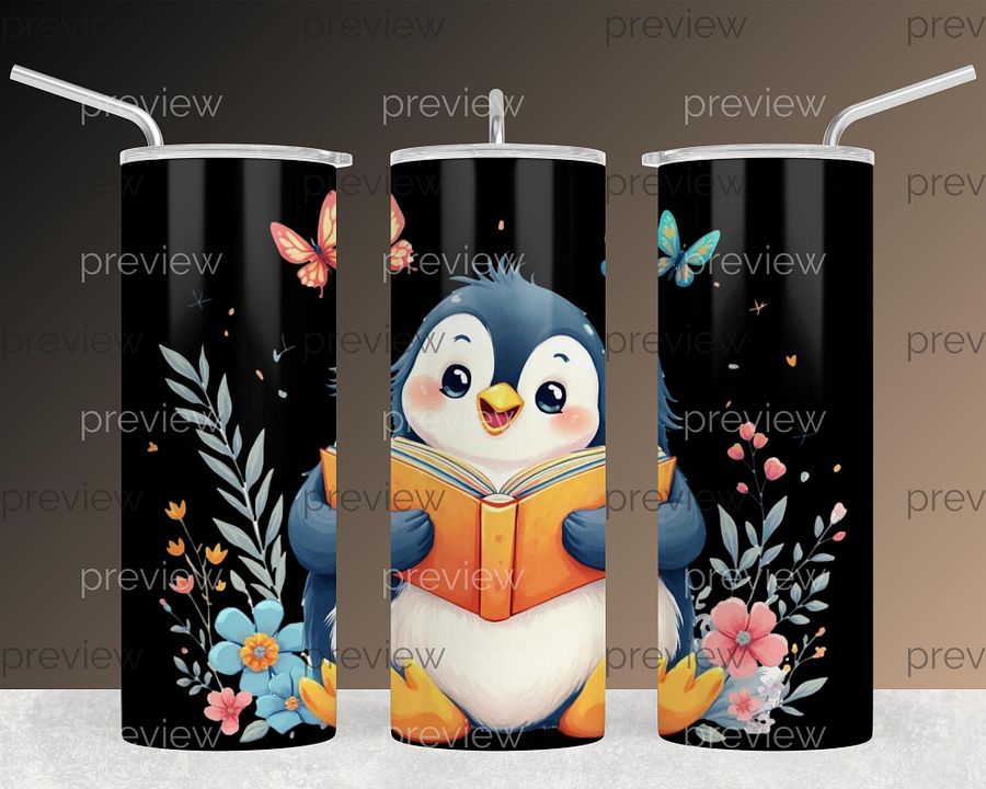 Adorable Cartoon Penguin Reading Book Surrounded by Colorful Flowers and Butterflies - Cute Clipart for Instant Download, 300 DPI PNG product image (5)