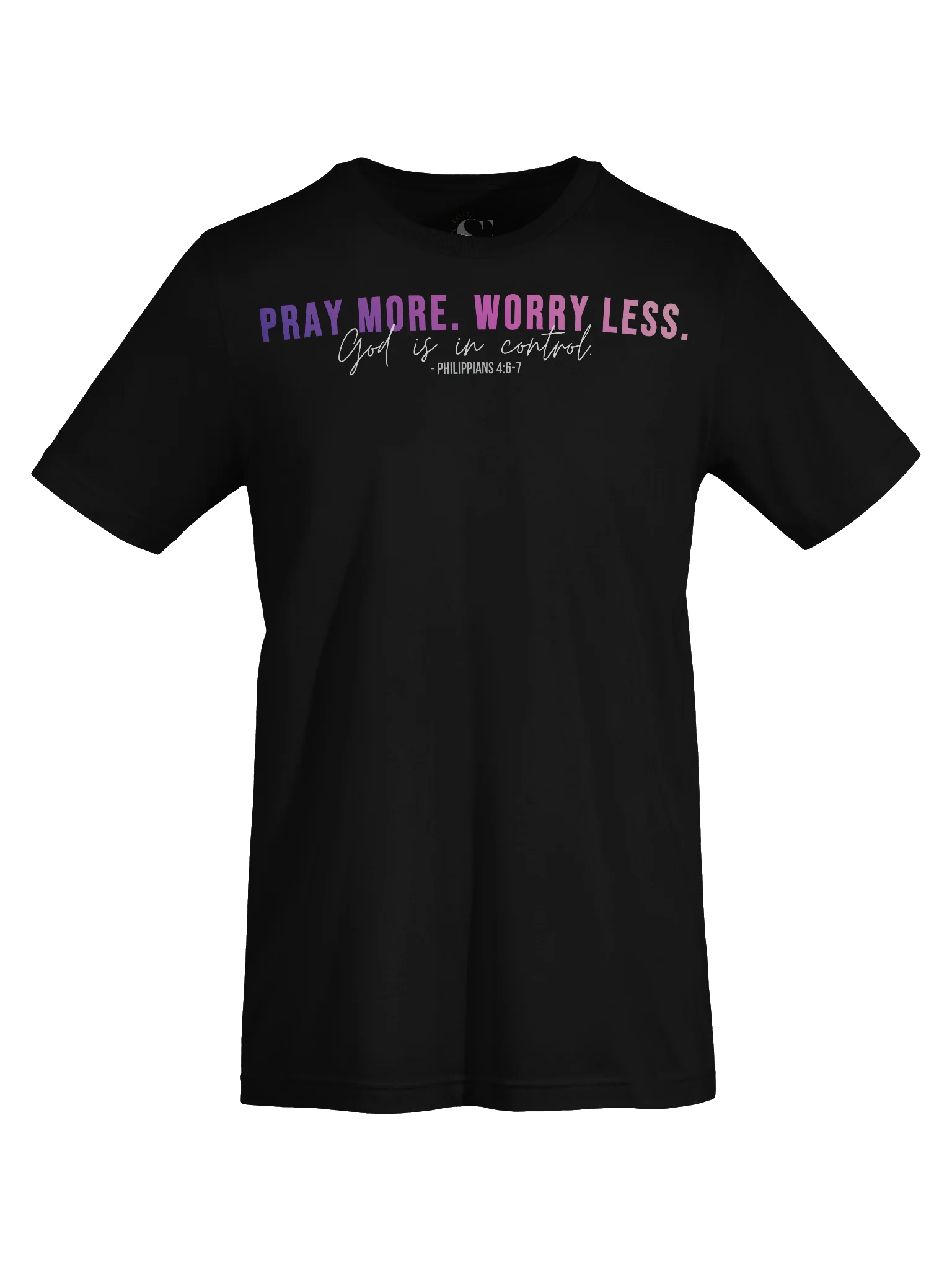Pray More Worry Less 1.0 Unisex Tee- Dark Colors - Pink Gradient Text product image (8)